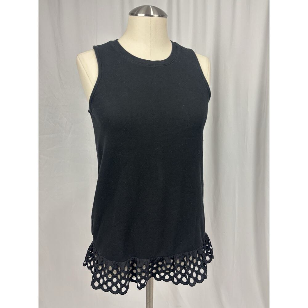 J Crew Black Sleeveless Crew Neck Shirt Tank Eyelet Lace Hem Preppy Size XS